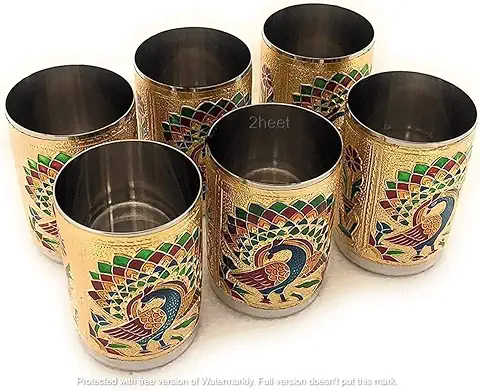 2. 2heet Stainless Steel Handmade Meenakari Peacock Design Decorative Glass Set for Home Traditional Indian Style Set of 6 Glass (Golden Color), 250 ml
