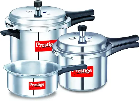 7. Prestige 2L+3L+5 L Popular Max outer lid Aluminium combo Pressure Cooker with polished finish|Deep lid controls spillage|Induction based|Straight wall|Pressure Indicator | Gasket-release system|Silver