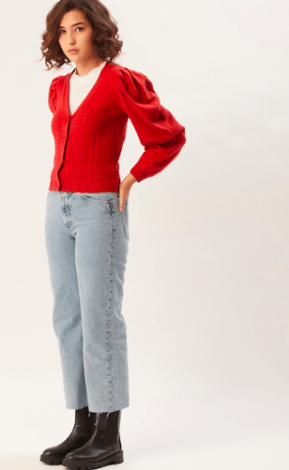 Red Puff Sleeves Cardigan
