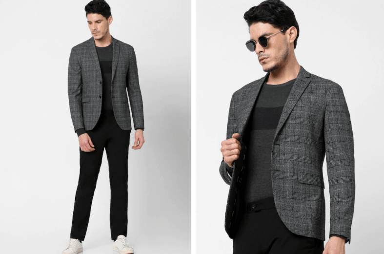 SELECTED Men's Grey and Black Checked Slim Fit Single Breasted Blazer