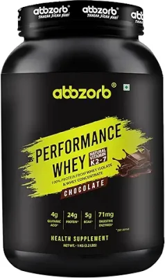 4. Abbzorb Performance Whey Protein Powder with Vitamin K2-7 Chocolate - 1kg | 24g Protein, 5g BCAA, per SCOOP | Digestive Enzymes | Muscle Growth, Strength and Recovery | Lab Report