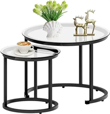 VINGLI Glass Coffee Table 25.6 Round Coffee Table Black Coffee Table