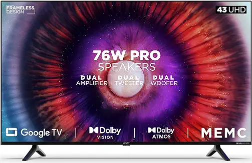 9. Acer 109 cm (43 inches) H PRO Series 4K Ultra HD Smart LED Google TV AR43GR2851UDPRO (Black)