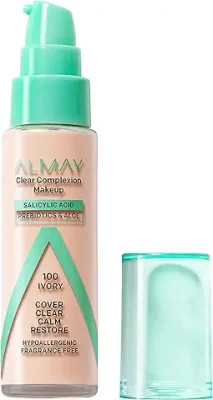 2. Almay Clear Complexion Acne Foundation Makeup with Salicylic Acid - Lightweight, Medium Coverage, Hypoallergenic-Fragrance Free, for Sensitive Skin , 100 Ivory, 1 fl oz.