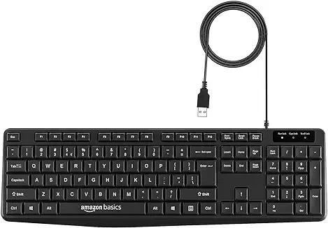 12. amazon basics Wired Keyboard with 104 Keys for Windows, Mac OS Computer