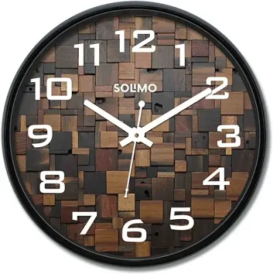 9. Amazon Brand - Solimo 12-inch Plastic & Glass Wall Clock - Wood Craft (Silent Movement), Black