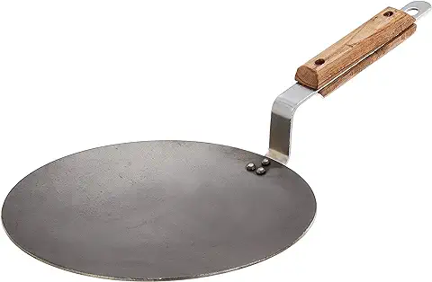 15. Amazon Brand - Solimo Iron Concave Tawa 25 cm, Tava for Roti/Chappati/Naan with Strong Wooden Handle Black 100% Toxin-Free, Naturally Non-Stick, Long Lasting