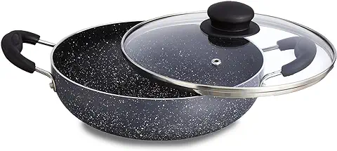 7. Amazon Brand - Solimo Non-Stick Kadai with Glass Lid | Granite Finish | Induction Base | PFOA Free | High Temperature Resistant Exterior Coating | 22 cm | Grey