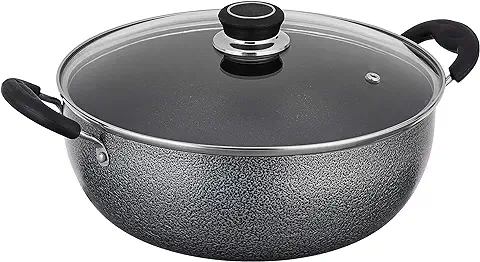 4. Amazon Brand SOLIMO - NON STICK KADHAI WITH GLASS LID (26 CM, HAMMERTONE FINISH, 3 COAT, 2.9 MM THICKNESS)