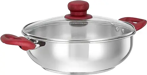 10. Amazon Brand - Solimo Stainless Steel Heavy Bottom Kadai with Glass lid | Three Layer Impact Forged Bottom for Durability | Premium Look with Soft Touch Handles and Knob, 24 cm