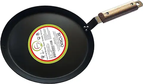10. amicus Kitchen Premium Iron Tawa for Dosa Roti Chapati, Flat Iron Tava with Strong Wooden Handle, Gas & Induction Friendly,10 Inch with Border, 1.2 Kg, Black