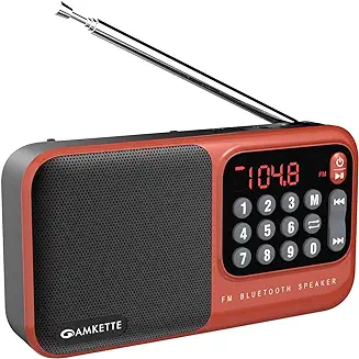 2. Amkette Pocket Mate FM Radio with Bluetooth Speaker - Type C Charging, Antenna, Multiple Playback 8 Hrs Playtime, and Number Pad (Headphone Jack, SD Card, USB Input) (Red)