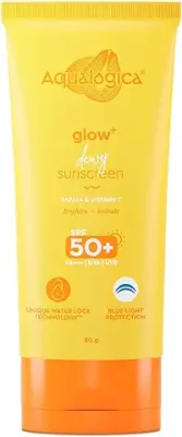 9. Aqualogica Glow+ Dewy Lightweight & Hydrating Sunscreen with SPF 50+ & PA++++ for UVA/B & Blue Light Protection & No White Cast for Men & Women -Oily, Combination & Glowing Skin -80g