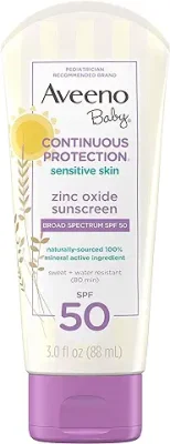 2. Aveeno Baby Continuous Protection Zinc Oxide Mineral Sunscreen Lotion for Sensitive Skin, Broad Spectrum SPF 50, Tear-Free, Sweat- & Water-Resistant, Paraben-Free, Travel-Size, 3 fl. oz