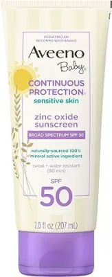 8. Aveeno Baby Continuous Protection Zinc Oxide Mineral Sunscreen Lotion for Sensitive Skin, Broad Spectrum SPF 50, Tear-Free, Sweat- & Water-Resistant, Paraben-Free, Non-Greasy, 7 fl. oz