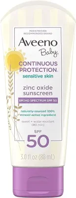 9. Aveeno Baby Continuous Protection Zinc Oxide Mineral Sunscreen Lotion for Sensitive Skin with Broad Spectrum SPF 50, Tear-Free, Sweat- & Water-Resistant, Travel-Size, 3 fl. Oz