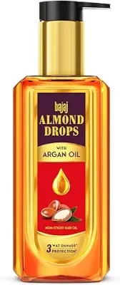15. Bajaj Almond Drops Almond + Argan Hair Oil - 200Ml | Provides 3-Way Damage Protection | For Soft And Shiny Hair | Non-Sticky Formula | With Almond Oil & Argan Oil
