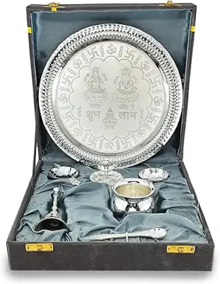 11. BENGALEN Pooja Thali Set Silver Plated with Gift Box Designed 22 cm Puja Plate Kalash Bowl Ghanti Spoon Dhup Dan Diya for Home Office Diwali Wedding Return Gift Items