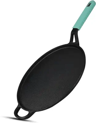 15. Bergner Elements Pre-Seasoned Cast Iron Flat Tawa/Griddle/Dosa Tava with Stick Handle,30 cm, Induction & Gas Ready, Heat Proof Teal Blue Silicone Grip