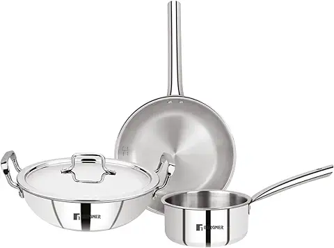 11. BERGNER Tripro Triply Stainless Steel 4 Pc Cookware Set, 24 cm Indian Wok/Kadai with Lid, 22 cm Frypan, 16 cm Tea Pan, Even and Fast Heating, Induction Bottom, Gas Ready, Silver