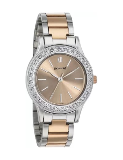 Sonata Rose Gold and Silver Metallic Watch for women