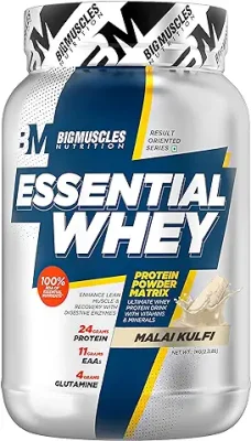 13. Bigmuscles Nutrition Essential Whey Protein Pack of 1Kg powder[Malai Kulfi] | 24g Protein/serving with Digestive Enzymes, Vitamin & Minerals, No Added Sugar |Faster Recovery & Muscle Building