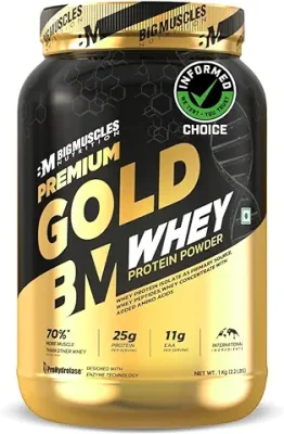 6. Bigmuscles Nutrition Premium Gold Whey [1Kg] | Informed Choice UK Certified | Isolate Whey Protein Blend | 25g Protein | 11g EAA | ProHydrolase Enzyme Technology [Belgian Chocolate]
