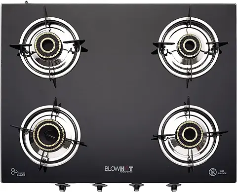 7. BLOWHOT Jasper Heavy Tornado Brass 4 Burner Auto Ignition Gas Stove | Toughened Glass Cooktop | ISI Certified - Stainless Steel Frame - 2 Year Warranty on Burner, Gas Valve and Glass - By BLOWHOT