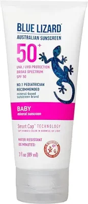 13. BLUE LIZARD Baby Mineral Sunscreen with Zinc Oxide, SPF 50+, Water Resistant, UVA/UVB Protection with Smart Cap Technology - Fragrance Free, 3 Ounce Tube