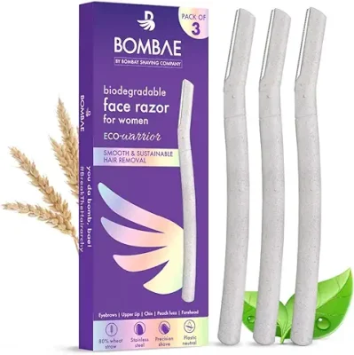 11. Bombae Reusable & Biodegradable Face & Eyebrow Razors for Women - 3 | Instant Glow & Painless Hair Removal | For Eyebrows, Upper Lip, Chin, Peach Fuzz, Forehead, Unibrow, Sideburns | Dermaplaning tool | Korean Skincare| Safe For all Skin Types
