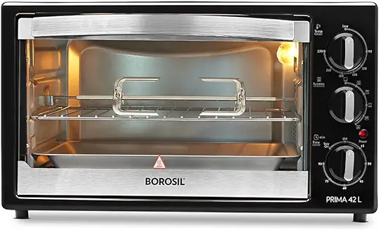 5. Borosil Prima 42 L Oven Toaster & Grill, Motorised Rotisserie & Convection Heating, 6 Heating Modes, Chrome