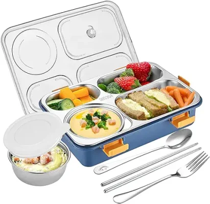 2. Brand Conquer Lunch Boxes for Adults - Lunch Box for Kids with Spoon & Fork - Durable Perfect Size for On-The-Go Meal, BPA-Free and Food 4 Compartment Stainless Steel (Blue)