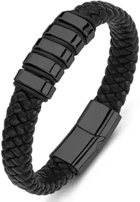 2. Brizberry Titanium Steel Vegan Leather Micro Insert Bracelet for Men & Boys