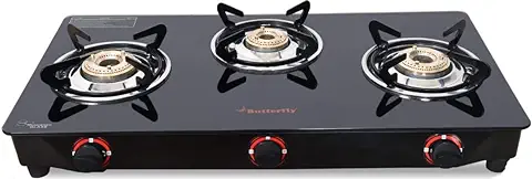 5. Butterfly Smart Glass 3 Burner Gas Stove, Black, Manual Ignition