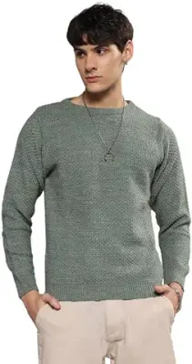 15. Campus Sutra Men's Contrast Textured Knit Sweater for Casual Wear | Crew Neck | Long Sleeve | Pull On Closure | Acrylic Blend Sweater Crafted with Comfort Fit for Everyday Wear