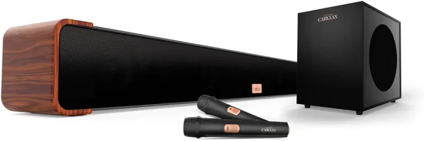 8. Carvaan Saregama Musicbar Karaoke CBWK121, 120W 2.1 Channel Soundbar, Karaoke Function to Sing Any Song, 2 mics, 1000 pre-Loaded Songs, FM/BT/Aux in, Wired Subwoofer, HDMI, Co-axial (Cosmos Black)