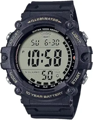 7. Casio Illuminator Extra Long Strap 10-Year Battery 100 M Water Resistant 5-Alarm w/Countdown Timer Men's Digital Watch, Black, AE-1500WHX-1AVCF