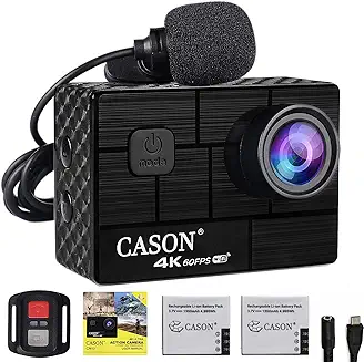 2. CASON CN10 4K 60fps HD 24MP Action Camera for Vlogging with EIS Anti Shake Touch Screen Action Camera with External Mic, 2 x 1350 mAh Battery, Remote and Accessories Kit - Black