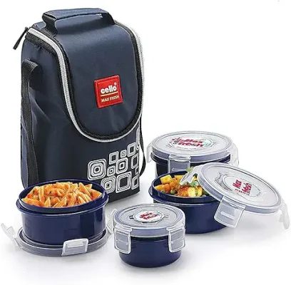 10. CELLO Max Fresh Click Polypropylene Leakproof Lunch Box Set with Bag, 4 Containers - 300ml x 3 & 140ml, Dark Blue