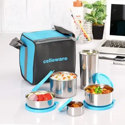 7. Cello Steelox Stainless Steel Lunch Box Combo 5-Piece, Blue, (Capacities - 50ml, 225ml, 375ml, 550ml, 375ml Tumbler) | Stainless Steel Lunch Box and Tumbler Set | LeakProof | Easy to Carry | Easy to Clean | Ideal for Office