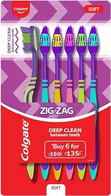 13. Colgate ZigZag Soft Bristle Toothbrush - 6 Pcs, Multicolour, Compact Brush Head for Deep & Complete Cleansing