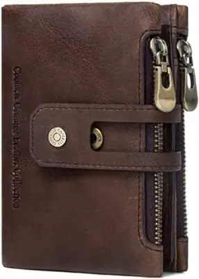 7. Contacts Men's Genuine Leather Wallet | RFID Blocking Wallet for Men| 14 Card Slots, 1 ID Window | 2 Zipper Compartments, Button Closure (Brown)