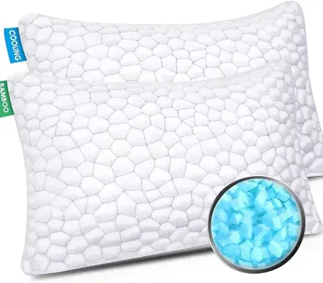14. Cooling Bed Pillows for Sleeping 2 Pack Shredded Memory Foam Adjustable Cool BAMBOO Pillow for Side Back Stomach Sleepers -Luxury Gel Queen Size Set of 2 with Washable Removable Cover