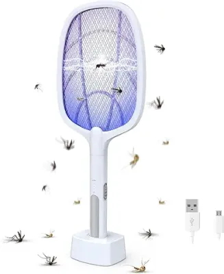 COROID Mosquito Bat with UV Light Lamp Five Nights Mosquito Killer Autokill 2-in-1 Mosquito Racket 1200mAh Lithium-ion Rechargeable Battery Handheld Electric Fly Swatter (White)