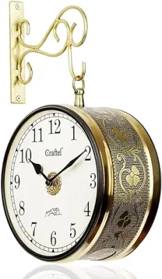 15. CRAFTEL Metal Analog Double Sided Vintage Station Wall Clock with Brass in dial (Shiny Gold_8 Inches)