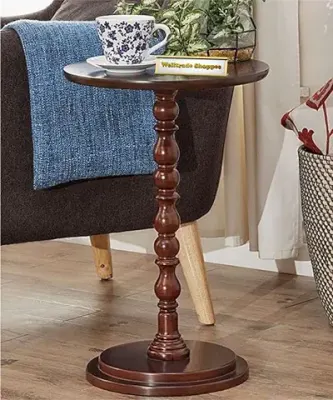 14. Crafty Furniture Round Table Wooden with Single Pillar, Modern Round Coffee Table, Coffee Table Wood - Living Room End Table for Magazines, Books and Plants-Walnut