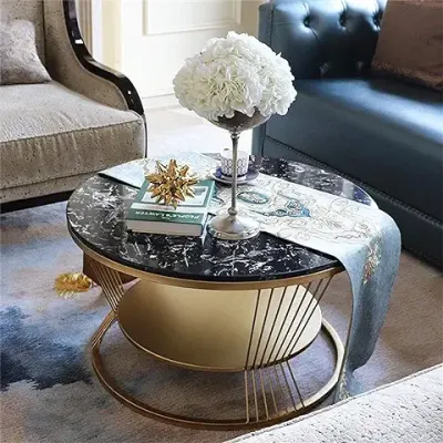 2. CROWN ART SHOPPEE Coffee Table Double-Layer Marble Look Coffee Table, Wrought Iron Storage Round Coffee Table, Suitable for Living Room-Black Gold