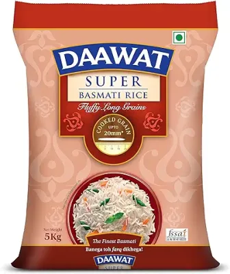 1. Daawat Super, Perfectly Aged, Long Grain with Rich Aroma Basmati Rice, 5 Kg