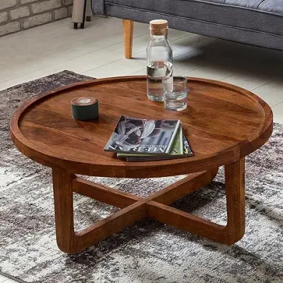 4. DEVKI INTERIORS Dash Round Coffee Table for Living Room Bedroom - Solid Wood Tea Table for Living Room with Stylish Wooden Legs - Round Center Table for Living Room