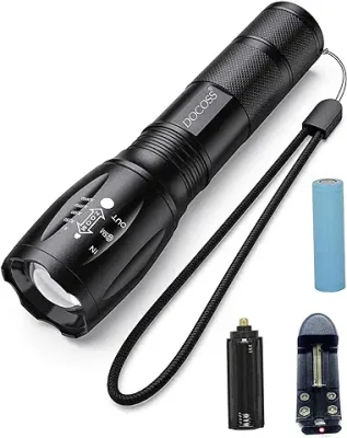 11. DOCOSS Metal Rechargeable Battery LED Torch High Power Long Distance with Adjustable Focus & Charger,Torch Lights with 5 Modes, Black